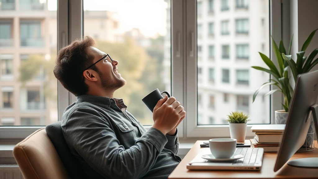 업무 중 창밖을 보며 커피를 마시며 편안하게 휴식을 취하는 사람의 모습
