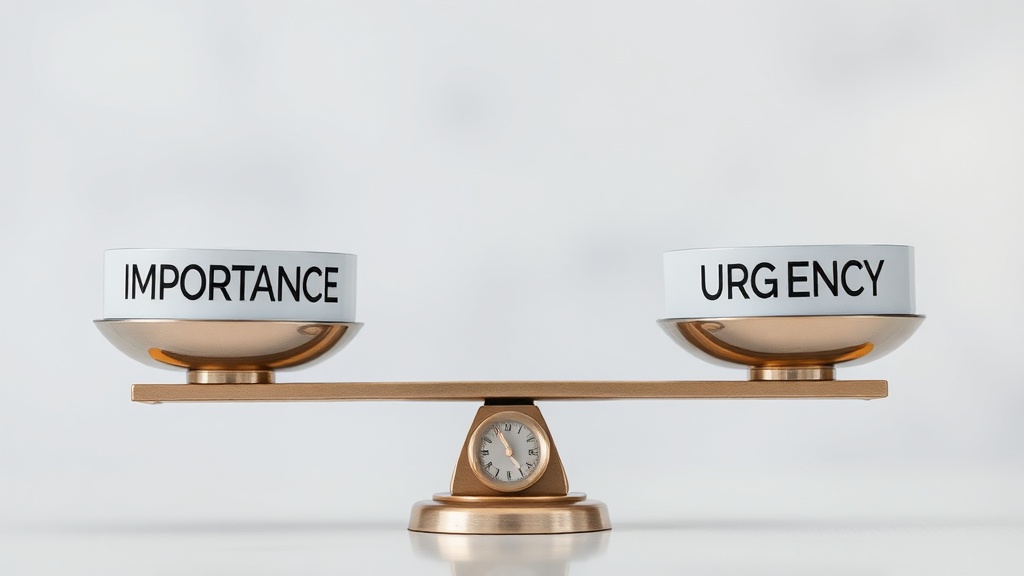 균형 잡힌 저울 위에 '중요성'과 '긴급성'이 조화롭게 배치되어 있는 평온한 배경 이미지