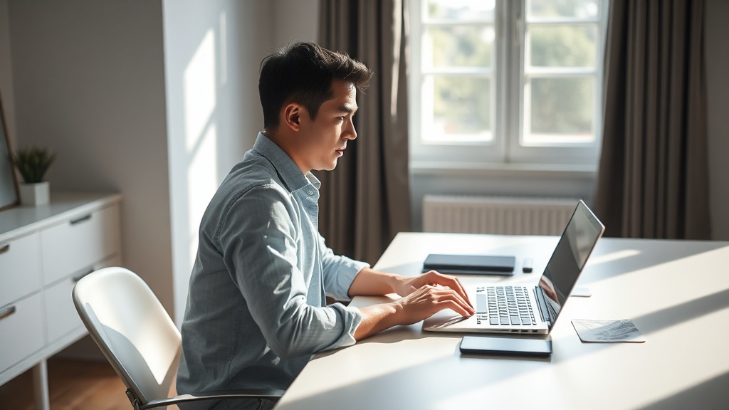 깔끔하게 정돈된 작업 공간에서 한 남성이 집중하여 노트북으로 업무를 처리하고 있는 모습