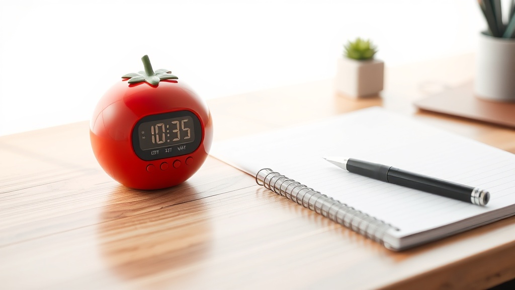 나무 책상 위에 놓인 빨간색 토마토 모양의 주방 타이머가 집중 시간을 상징하며 놓여 있는 모습