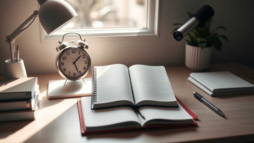시간 관리를 상징하는 다이어리와 아날로그 시계가 정돈된 책상 위에 놓여 있는 모습